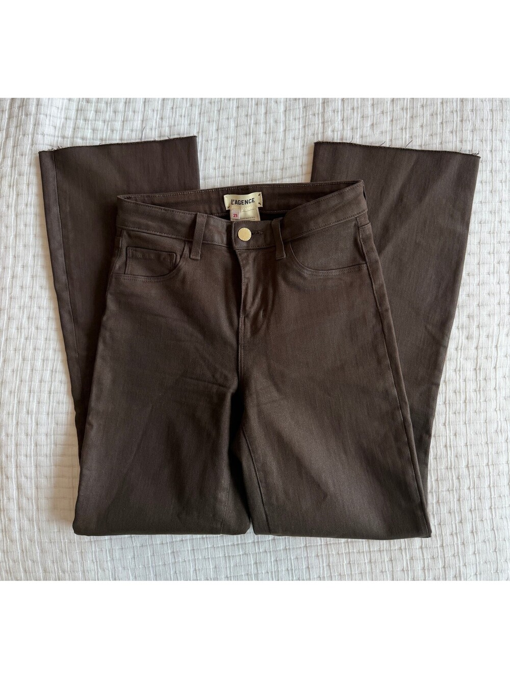 L’AGENCE Kendra Coated High Waist Crop Flare Jeans Chocolate Brown Size 23 - Picture 2 of 8